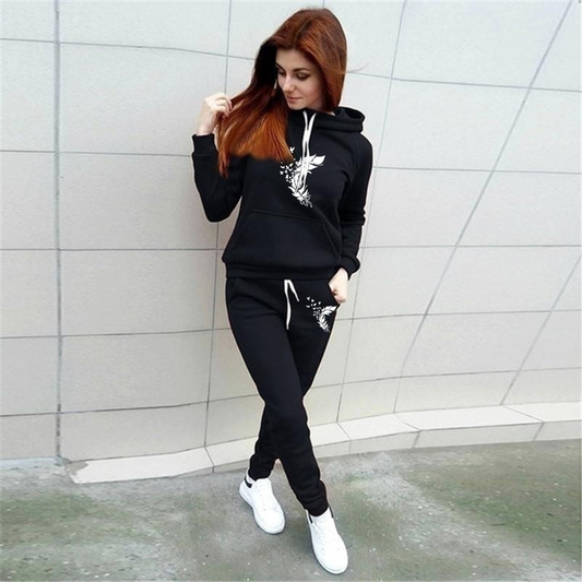 Produit n°3: Ensemble de survêtement à capuche avec motif plumes/survêtement de sport décontracté et imprimé/tenue sportswear féminine
